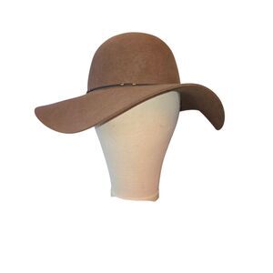 Scala Collezione Brown 100% Wool Floppy 4" Wide Brim Hat OS Leather & Brass Band